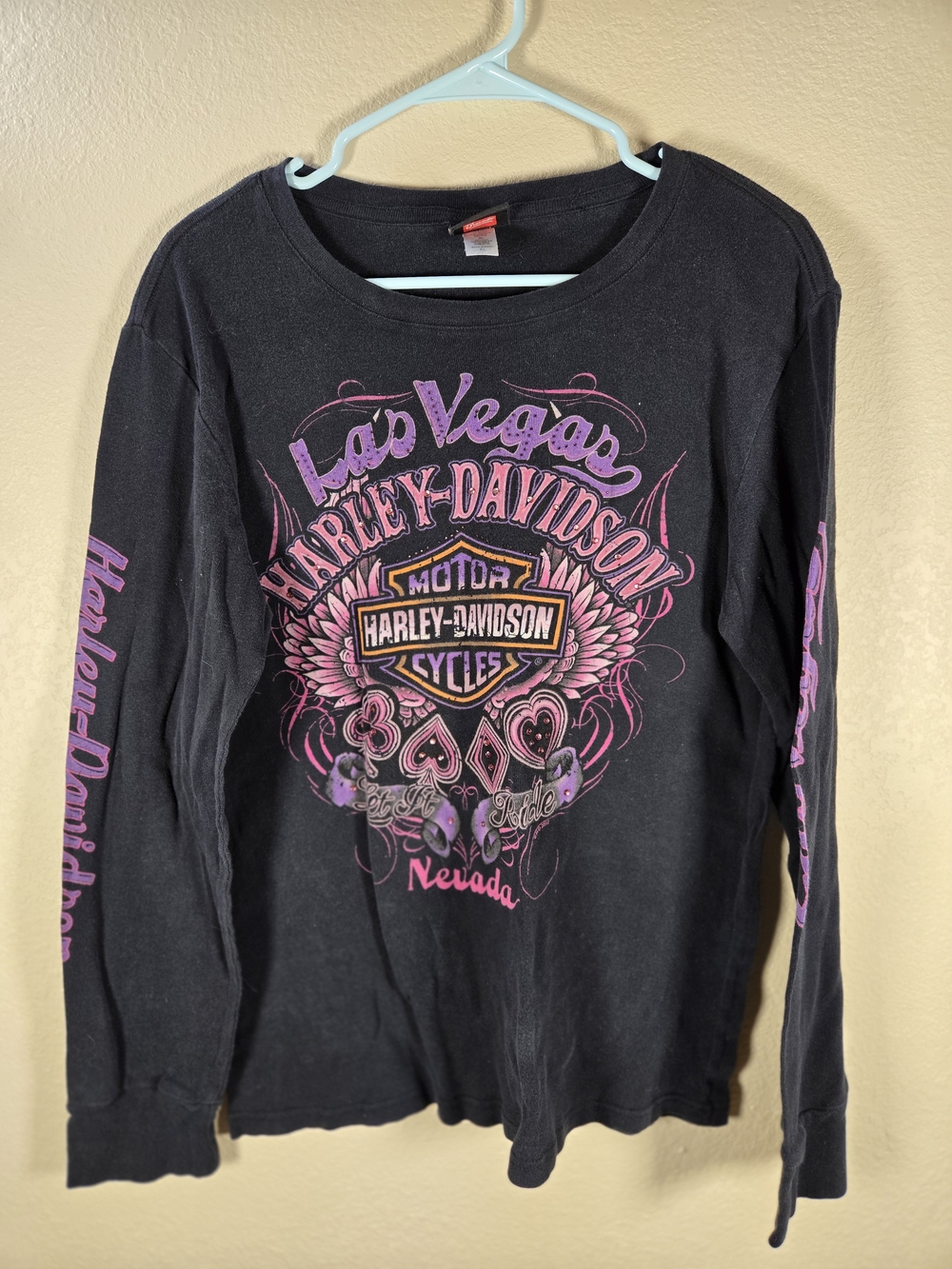 Harley-Davidson Black Long Sleeve Tee with Rhinestones Pink and Purple Graphics